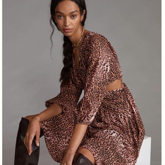 Anthropologie Ranna Gill Leopard Print Cut-out Midi Dress SZ L NWT - Picture 2 of 9